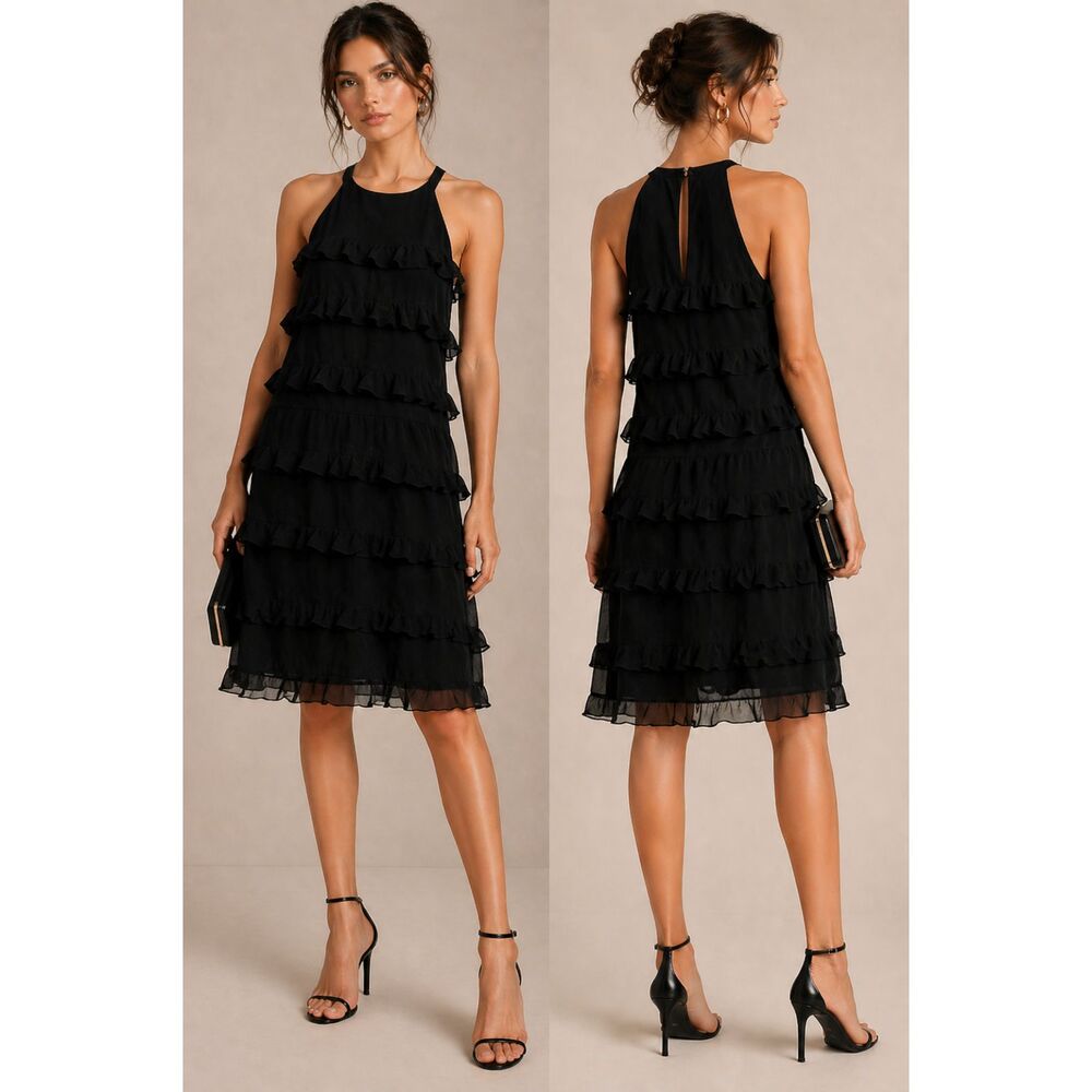 Tibi Ethereal Silk Chiffon Tiered Ruffle Dress Black Halter Keyhole Back 8 LBD